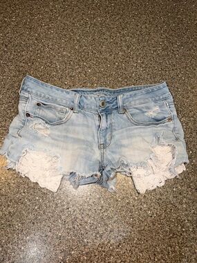 American Eagle Outfitters Shortie Light Blue Denim Shorts with White Lace
